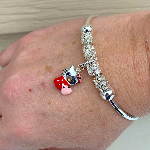 Sterling Silver Hello Kitty Charm Bangle Bracelet - Picture 9 of 10